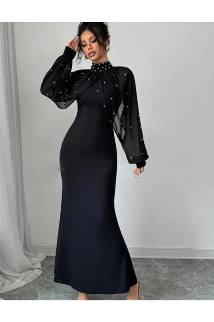 Dalgıç Kumaş Likralı İnci Çakımlı Bolerolu Elbise