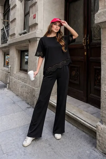 Dantel Detay Modal Kumaş Alt Üst Takım Siyah