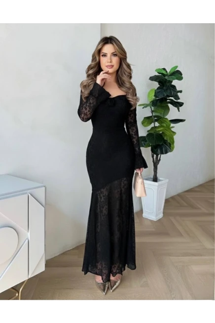 Dantel İç Astarlı Maxi Boy Elbise Siyah