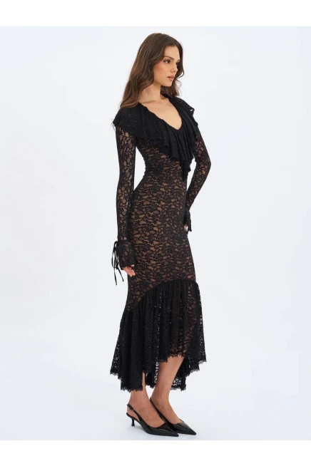 Dantel Kumaş Astarlı Maxi Boy Elbise