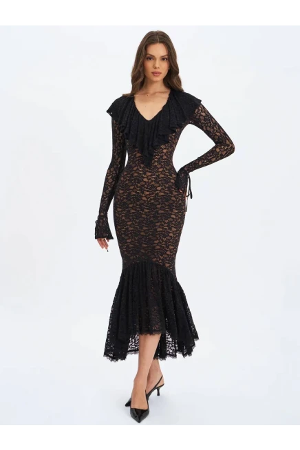 Dantel Kumaş Astarlı Maxi Boy Elbise