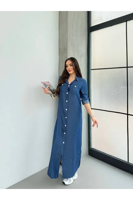 Denim Maxi Gömlek Elbise Mavi