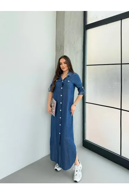 Denim Maxi Gömlek Elbise Mavi