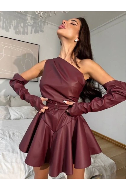 Deri Tokalı Gizli Fermuarlı Kol Detaylar Mini Şortlu Elbise