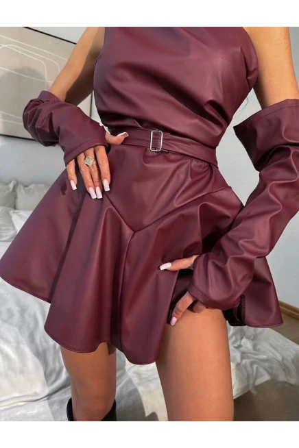 Deri Tokalı Gizli Fermuarlı Kol Detaylar Mini Şortlu Elbise