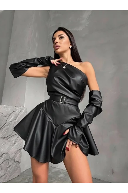 Deri Tokalı Gizli Fermuarlı Kol Detaylar Mini Şortlu Elbise