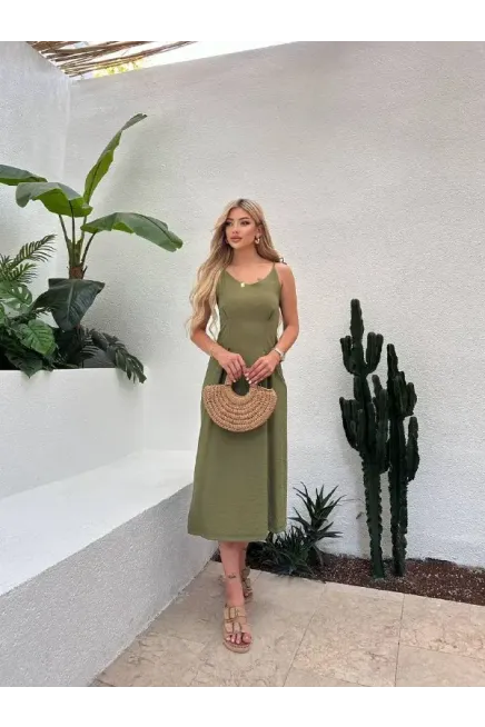 Drape Detay Omuz Bağlamalı Midiboy Keten Elbise Haki