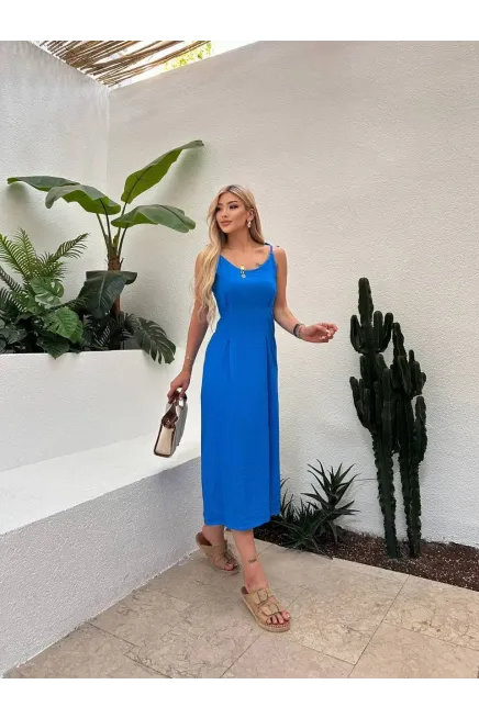 Drape Detay Omuz Bağlamalı Midiboy Keten Elbise Mavi