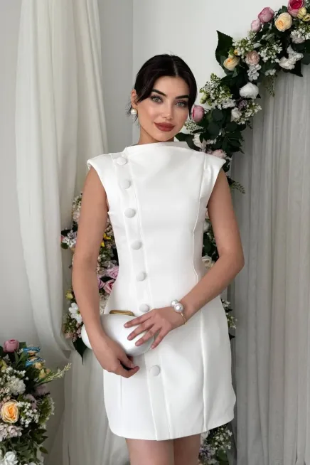 Düğme Detaylı Elbise Beyaz