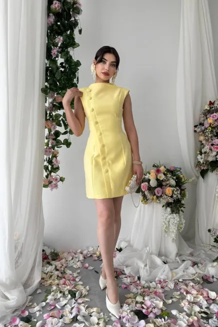 Düğme Detaylı Elbise Sarı