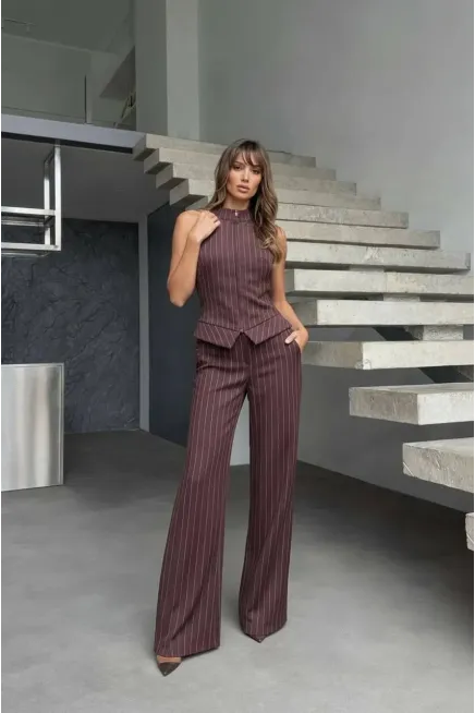 Fermuar Detay Çizgili Takım Kahve