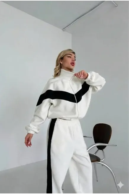 Fransız Kadife Kemik Fermuar Garnili Eşofman Takım Beyaz