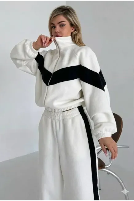 Fransız Kadife Kemik Fermuar Garnili Eşofman Takım Beyaz