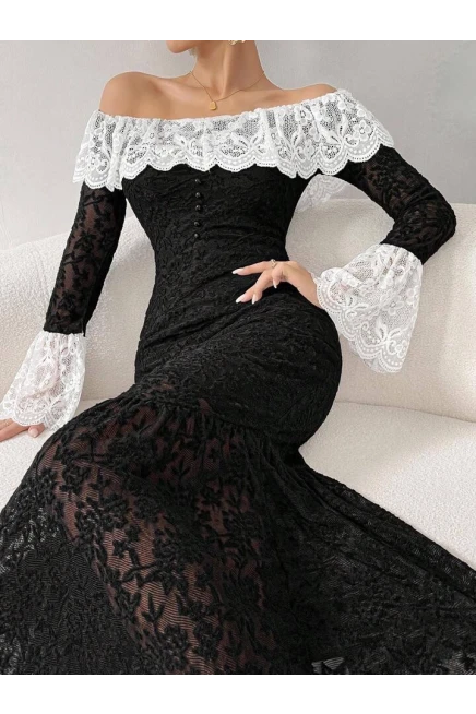 Full Astarlı Güpür Dantel Drapeli Elbise