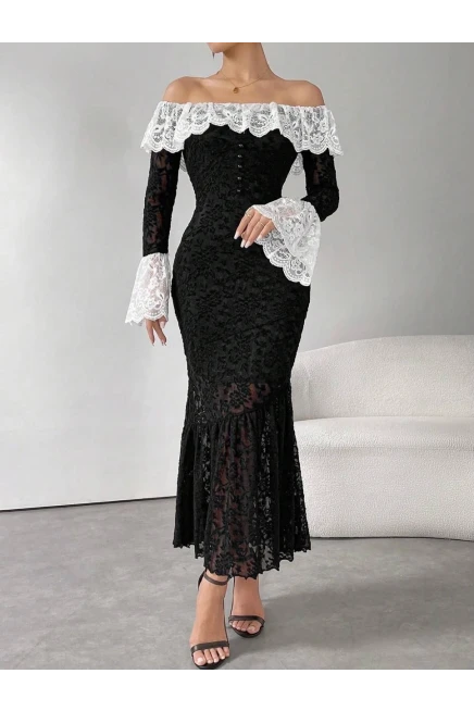Full Astarlı Güpür Dantel Drapeli Elbise