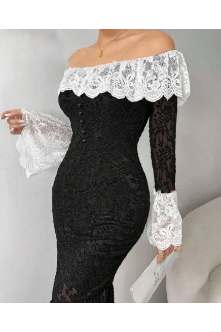 Full Astarlı Güpür Dantel Drapeli Elbise