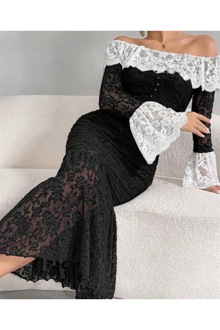 Full Astarlı Güpür Dantel Drapeli Elbise