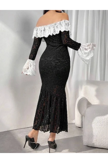 Full Astarlı Güpür Dantel Drapeli Elbise