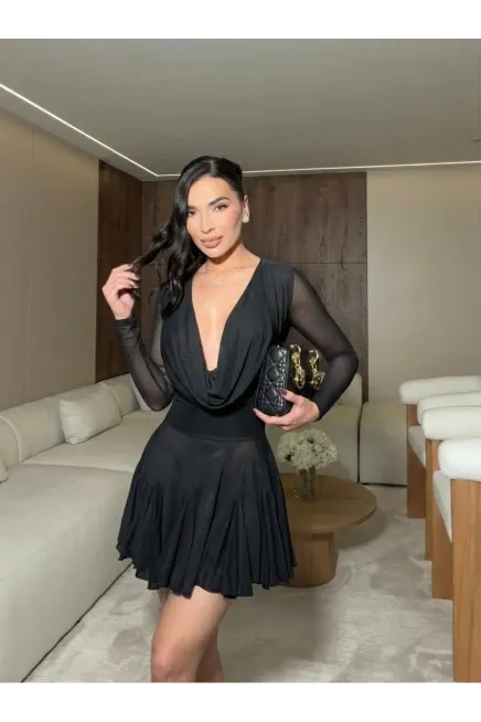 Full Likralı Cam Tül Kumaş Astarlı Mini Elbise