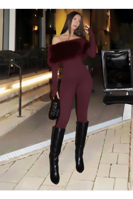 Full Likralı Modal Kumaş Kürk Detaylı Maxi Boy Tulum