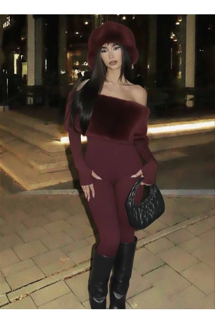 Full Likralı Modal Kumaş Kürk Detaylı Maxi Boy Tulum