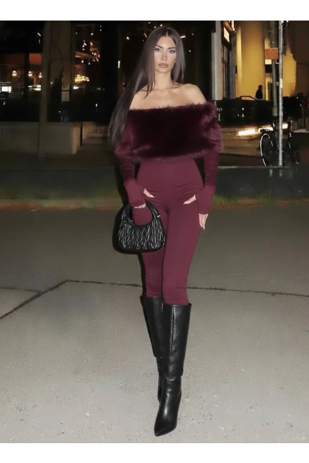 Full Likralı Modal Kumaş Kürk Detaylı Maxi Boy Tulum