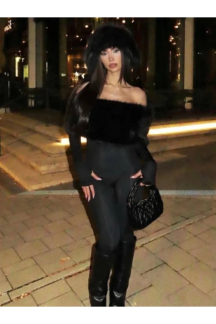 Full Likralı Modal Kumaş Kürk Detaylı Maxi Boy Tulum