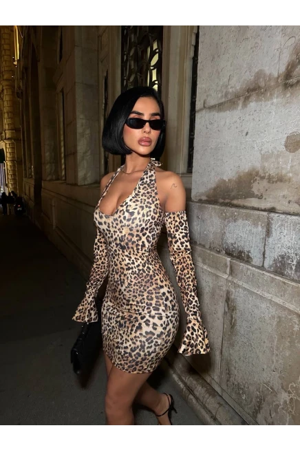 Full Taş Halter Yaka Mini Elbise