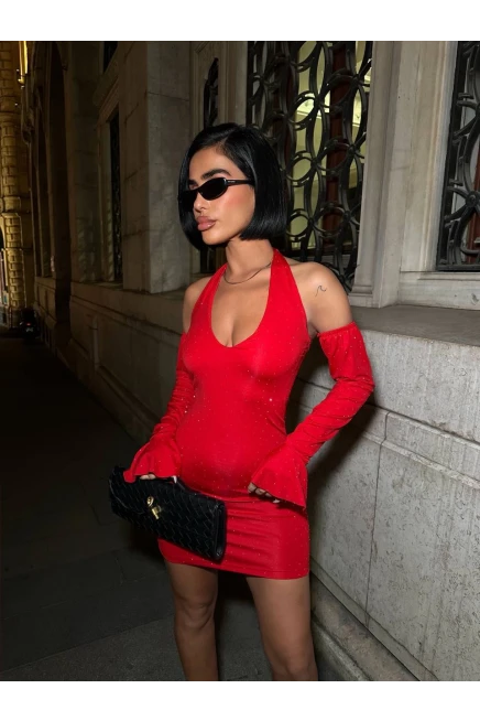 Full Taş Halter Yaka Mini Elbise