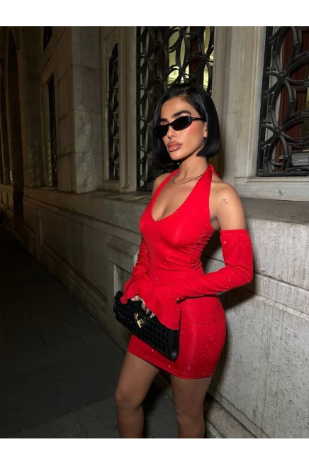 Full Taş Halter Yaka Mini Elbise