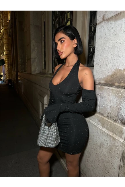 Full Taş Halter Yaka Mini Elbise