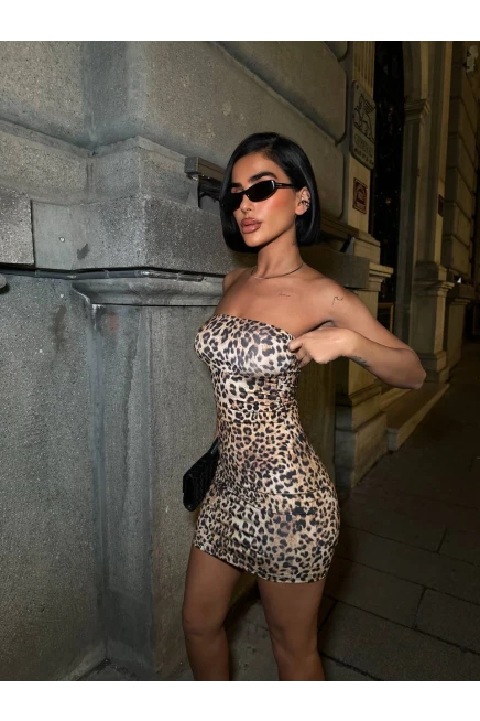 Full Taş Straplez Mini Elbise Leopar