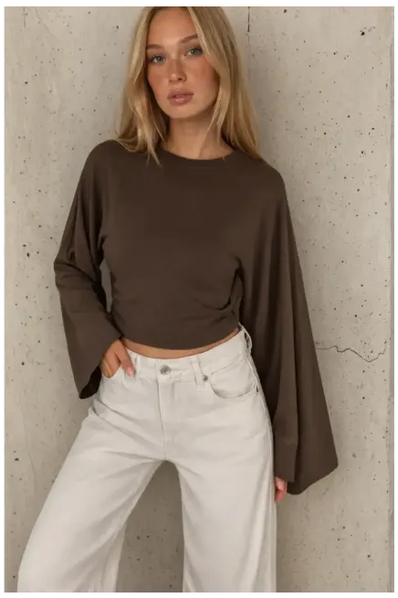 Geniş Kol Crop Bluz Kahve
