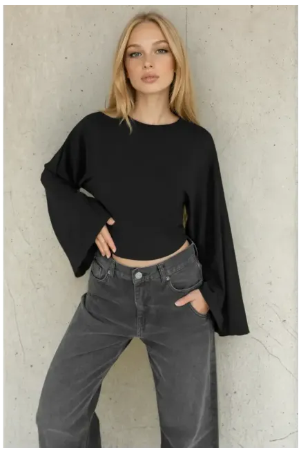 Geniş Kol Crop Bluz Siyah