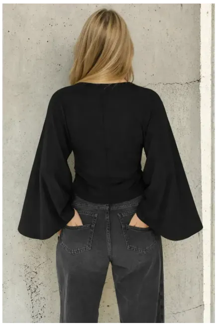 Geniş Kol Crop Bluz Siyah