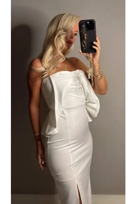 Göğüs Detay Yırtmaçlı Elbise Beyaz