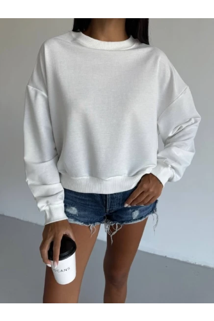 İki İplik Bisiklet Yaka Beyaz Sweatshirt