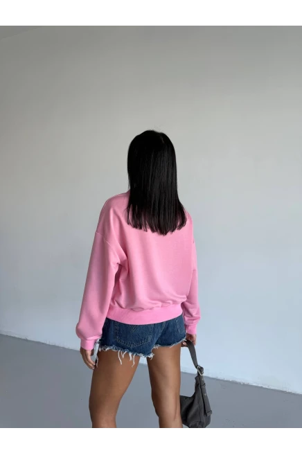 İki İplik Bisiklet Yaka Pudra Sweatshirt