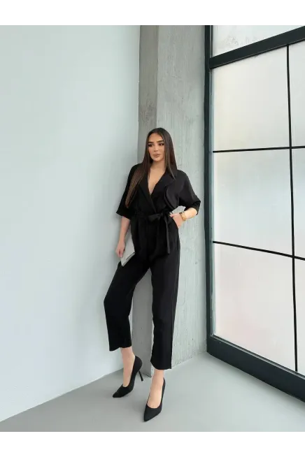 İthal Atlas Kumaş Kruvaze Yaka Tulum Siyah