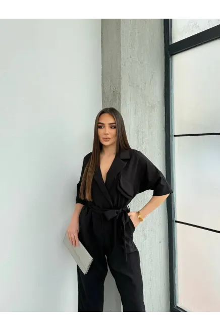 İthal Atlas Kumaş Kruvaze Yaka Tulum Siyah