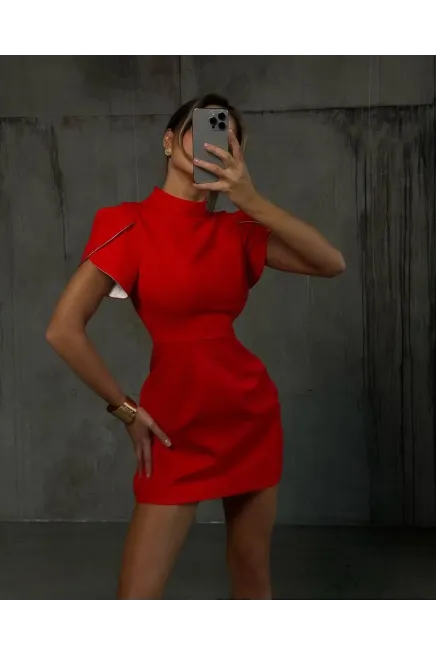 İthal Double Atlas Kumaş Fermuarlı Sırt Detay Mini Elbise Kırmızı