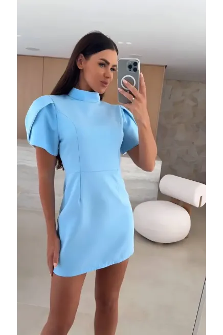 İthal Double Atlas Kumaş Fermuarlı Sırt Detay Mini Elbise Mavi
