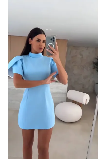 İthal Double Atlas Kumaş Fermuarlı Sırt Detay Mini Elbise Mavi