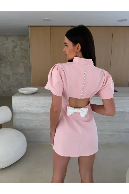 İthal Double Atlas Kumaş Fermuarlı Sırt Detay Mini Elbise Pudra