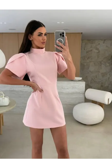 İthal Double Atlas Kumaş Fermuarlı Sırt Detay Mini Elbise Pudra