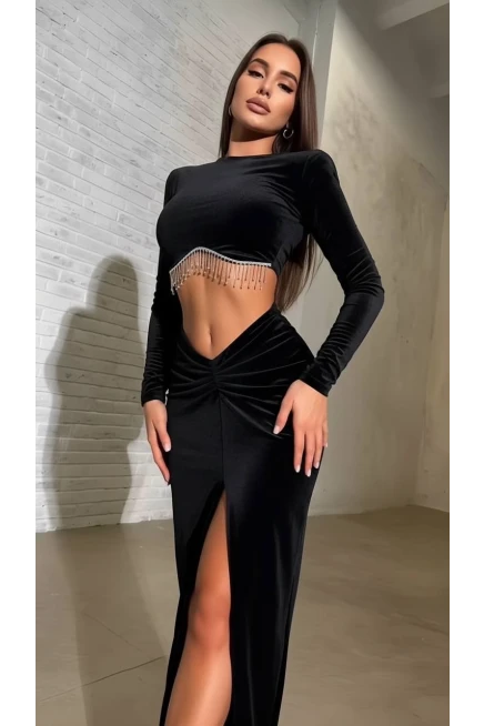 İthal Full Likralı Kadife Taşlı Büstiyer Etek Takım