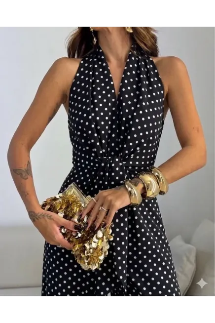 İthal Hürrem Kumaş Bağlama Detay Puantiye Desen Tulum Siyah