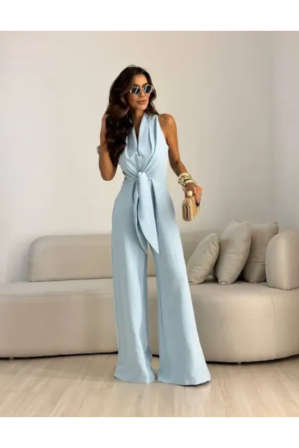 İthal Hürrem Kumaş Bağlama Detay Tulum Mavi