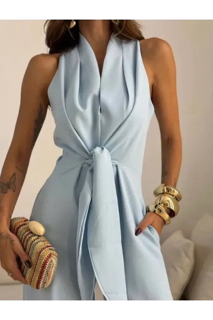 İthal Hürrem Kumaş Bağlama Detay Tulum Mavi