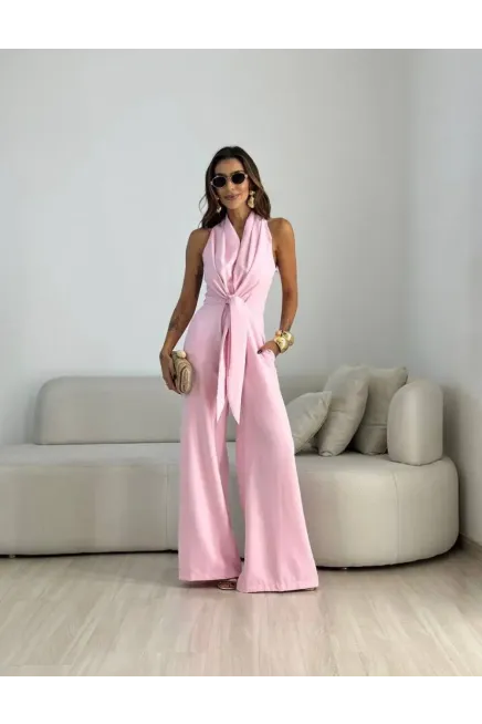 İthal Hürrem Kumaş Bağlama Detay Tulum Pembe